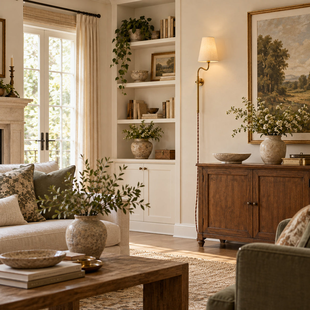 In a living room with built-in shelves and a framed landscape, a Clérachic wall light with a white shade hangs above a sideboard.