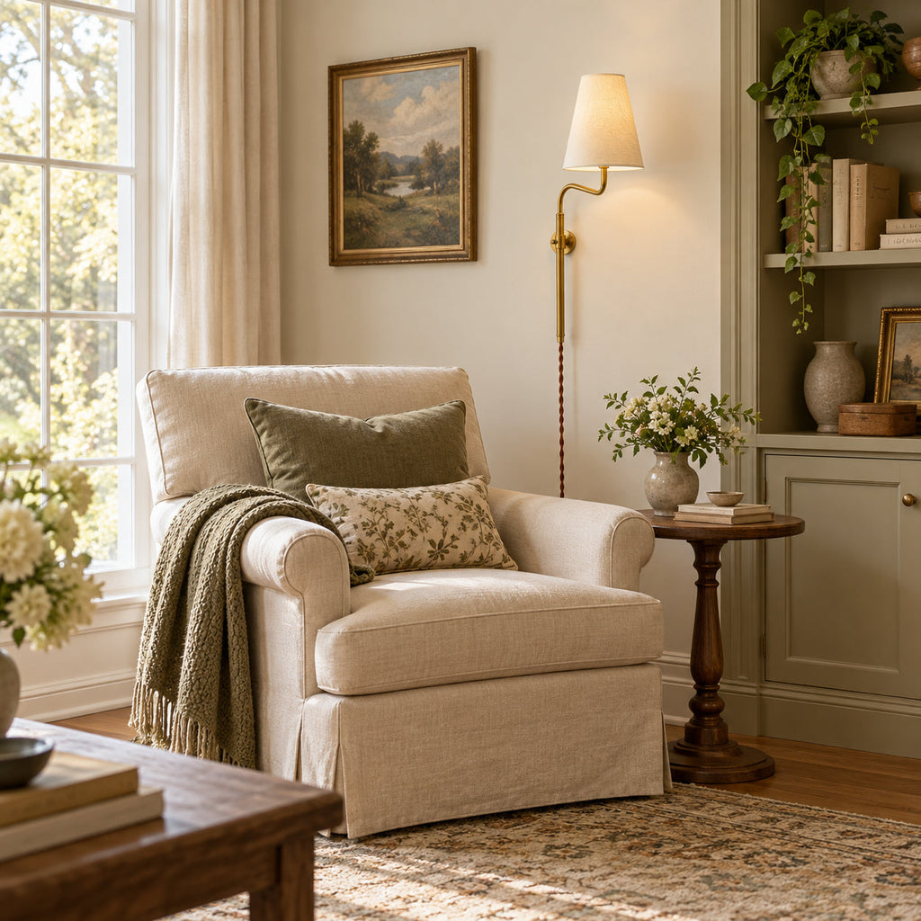 Beside a cream armchair and a round wooden side table, a Clérachic wall light glows by a window with sheer curtains.