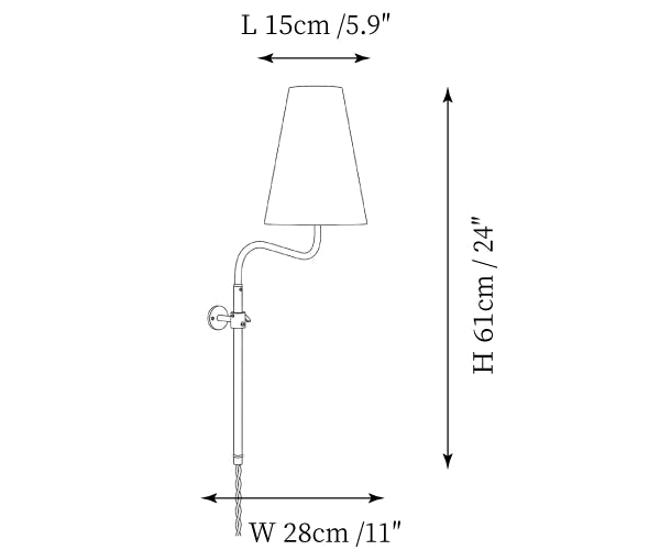 Clérachic wall light dimension drawing, every measurement marked in centimetres and inches.