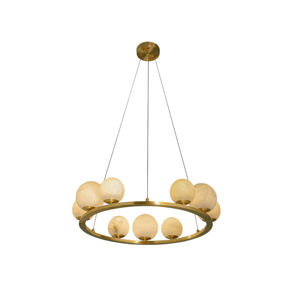 Front view of the Clérachic brass ring chandelier, each alabaster globe seated in its own cone-shaped brass cup.