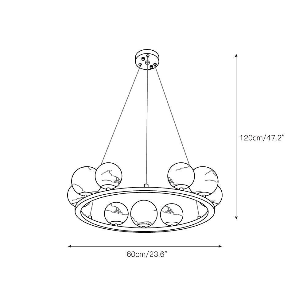Dimension drawing for the Clérachic nine-light chandelier, 60cm/23.6″ across the ring and 120cm/47.2″ from ceiling to ring.