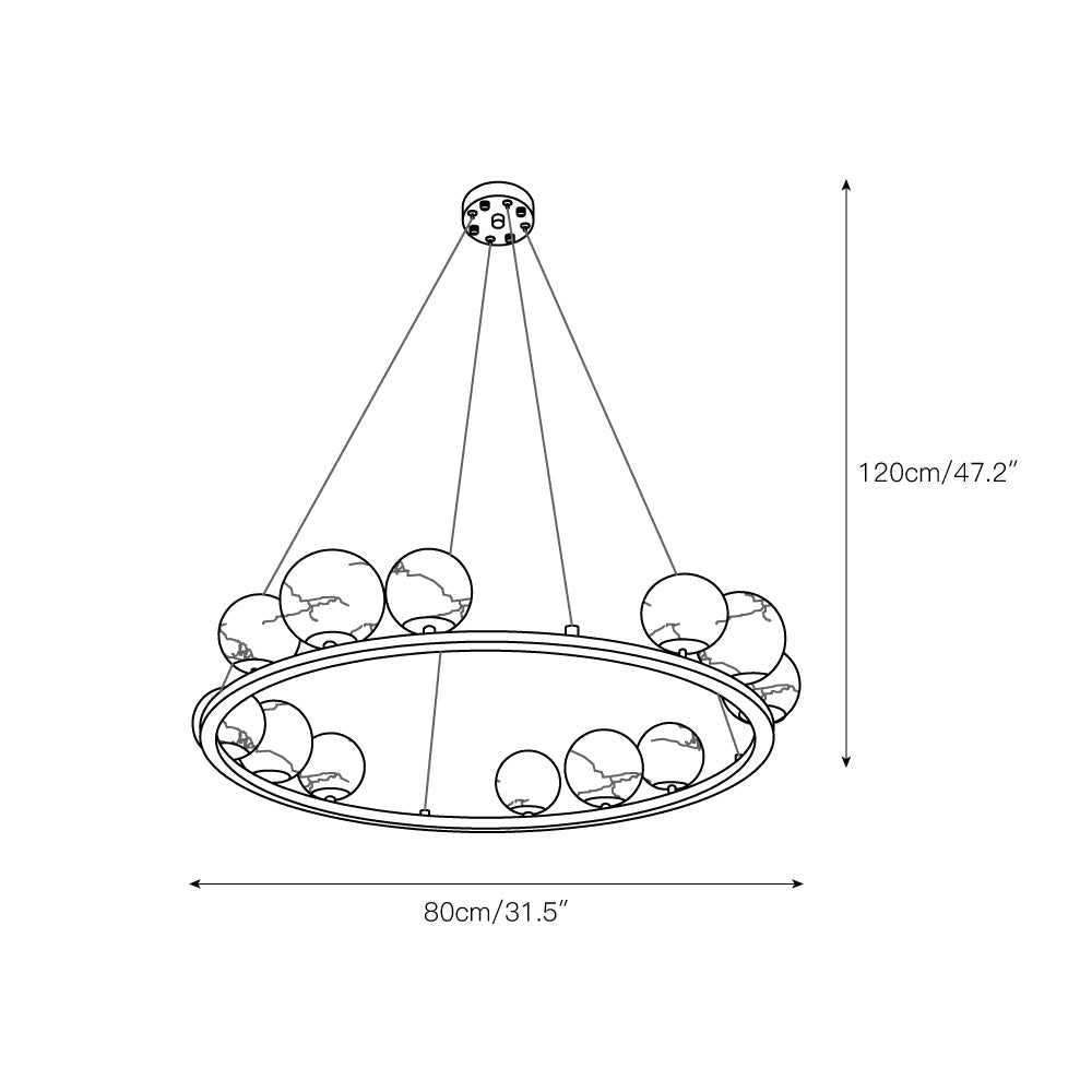 Dimension drawing for the Clérachic twelve-light chandelier, 80cm/31.5″ across the ring and 120cm/47.2″ overall height.