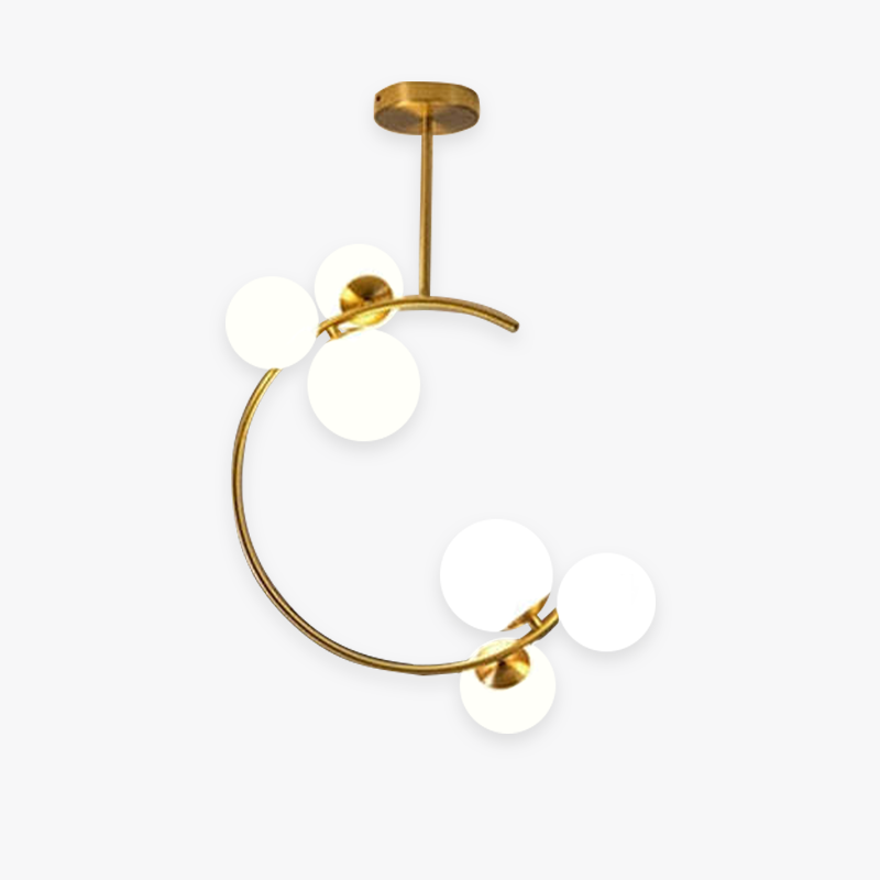 The Clérachic brass ring globe pendant in milky white glass shown unlit on a plain white background, six spheres on the brass ring frame.