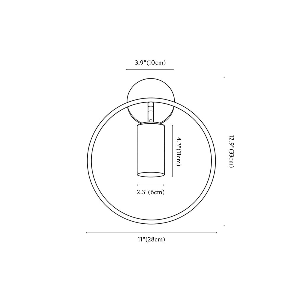 Clérachic wall light dimension drawing, every measurement marked in centimetres and inches.