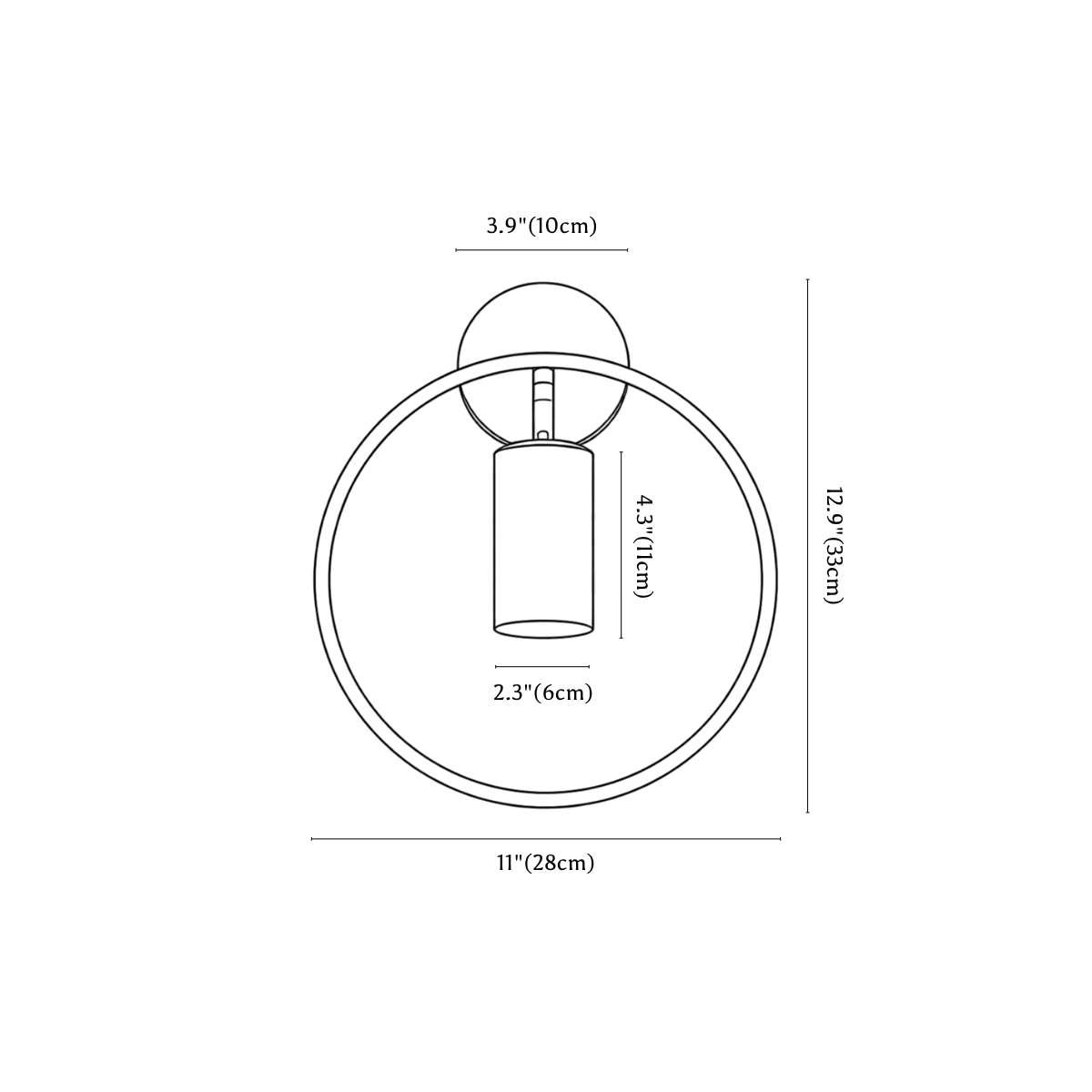 Clérachic wall light dimension drawing, every measurement marked in centimetres and inches.