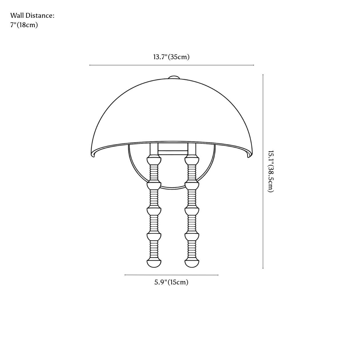 Clérachic wall light dimension drawing, every measurement marked in centimetres and inches.