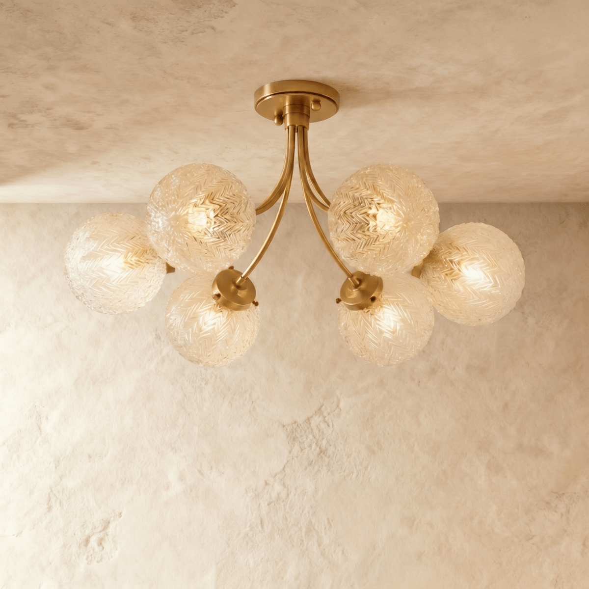 Clérachic six-head semi-flush ceiling light with curved brass arms and ribbed glass globes, lit warm against a limewash ceiling.