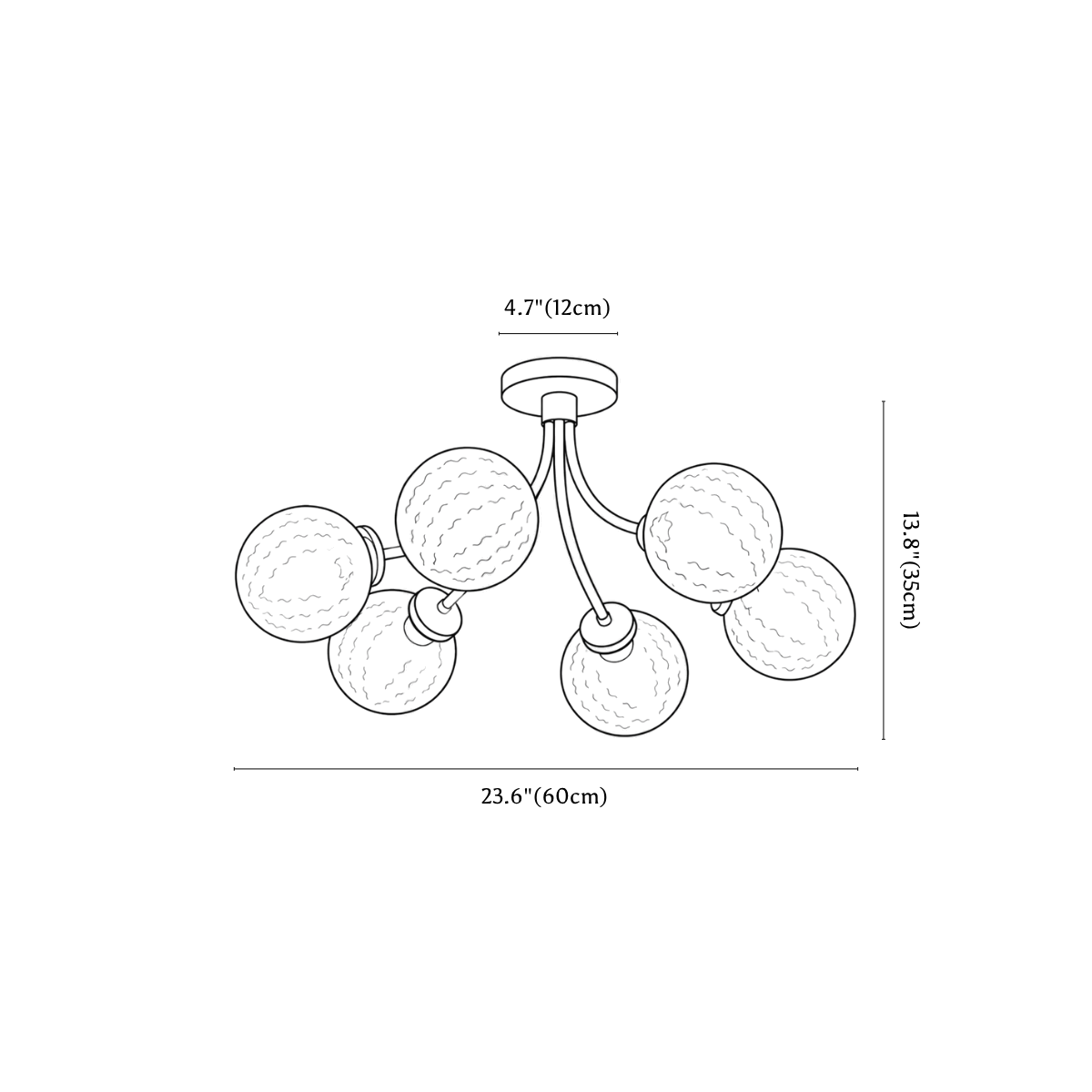 Clérachic ceiling light dimension drawing, 6 heads, 60 cm, every measurement marked in centimetres and inches.