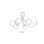 Clérachic ceiling light dimension drawing, 6 heads, 60 cm, every measurement marked in centimetres and inches.