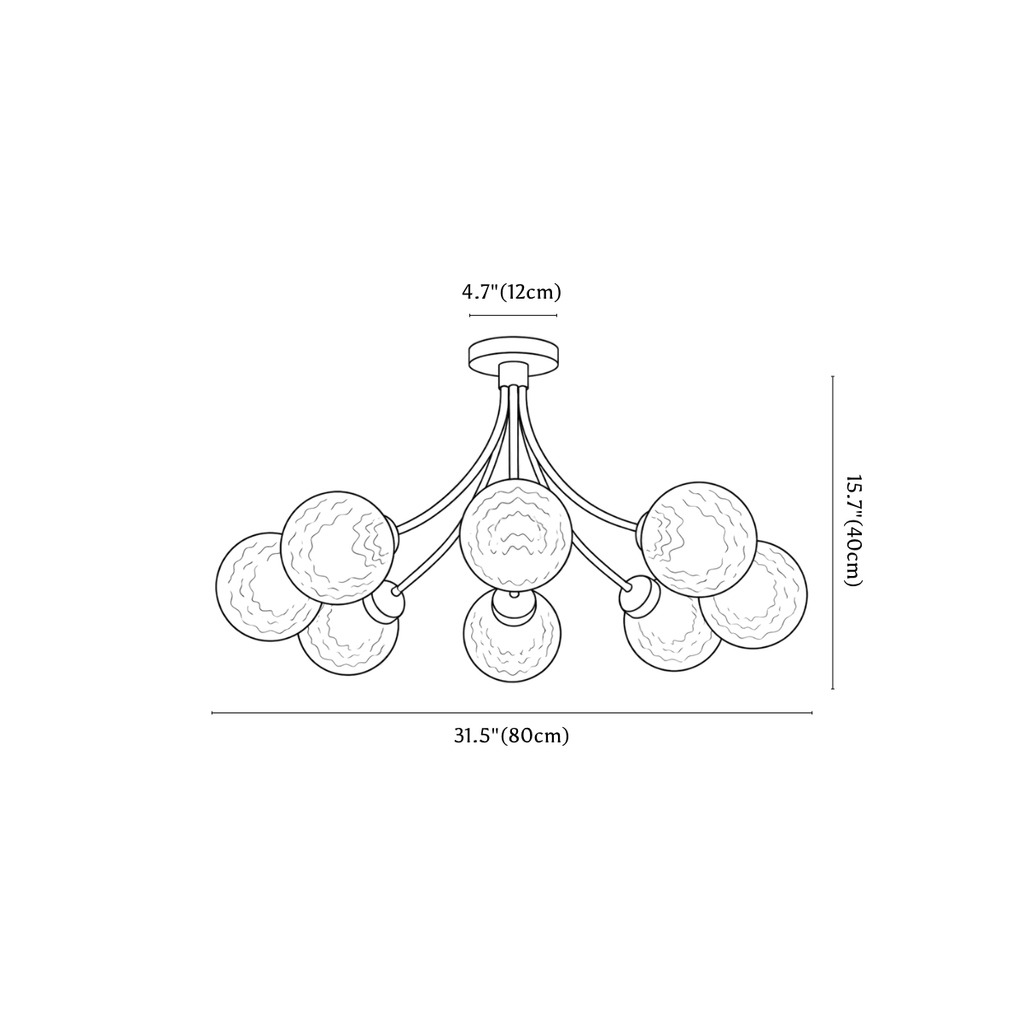 Clérachic ceiling light dimension drawing, 8 heads, 80 cm, every measurement marked in centimetres and inches.