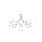 Clérachic ceiling light dimension drawing, 8 heads, 80 cm, every measurement marked in centimetres and inches.