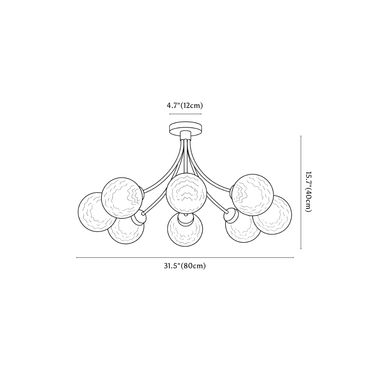 Clérachic ceiling light dimension drawing, 8 heads, 80 cm, every measurement marked in centimetres and inches.