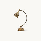This Clérachic table lamp on a plain white backdrop, with an antique brass curved arm, a small domed shade and a round stepped base.
