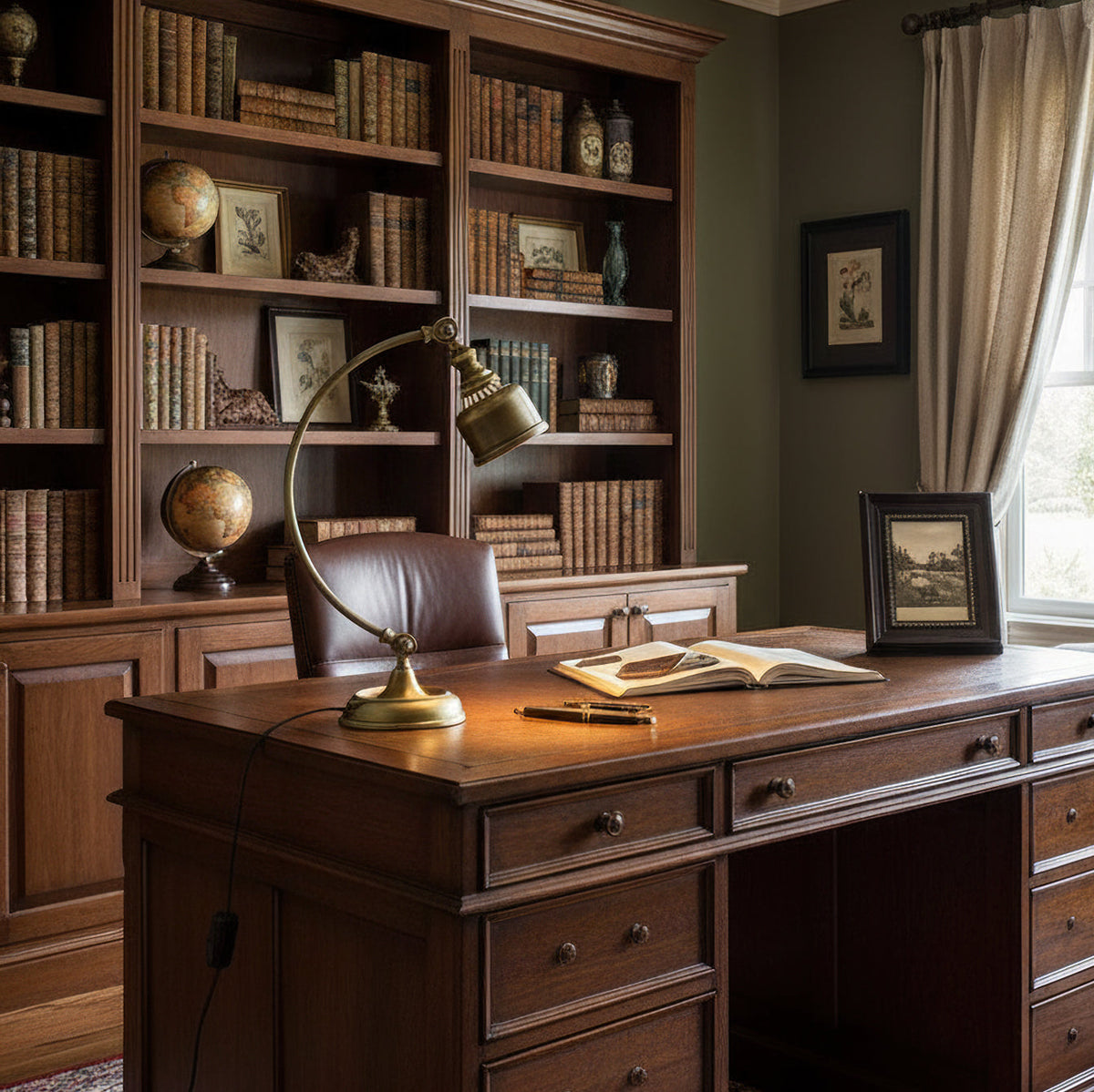 A Clérachic brass table lamp lights a leather-topped wooden desk in a book-lined study, with a globe and a leather chair nearby.