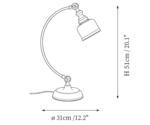 Clérachic table lamp dimension drawing, every measurement marked in centimetres and inches.