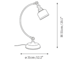 Clérachic table lamp dimension drawing, every measurement marked in centimetres and inches.