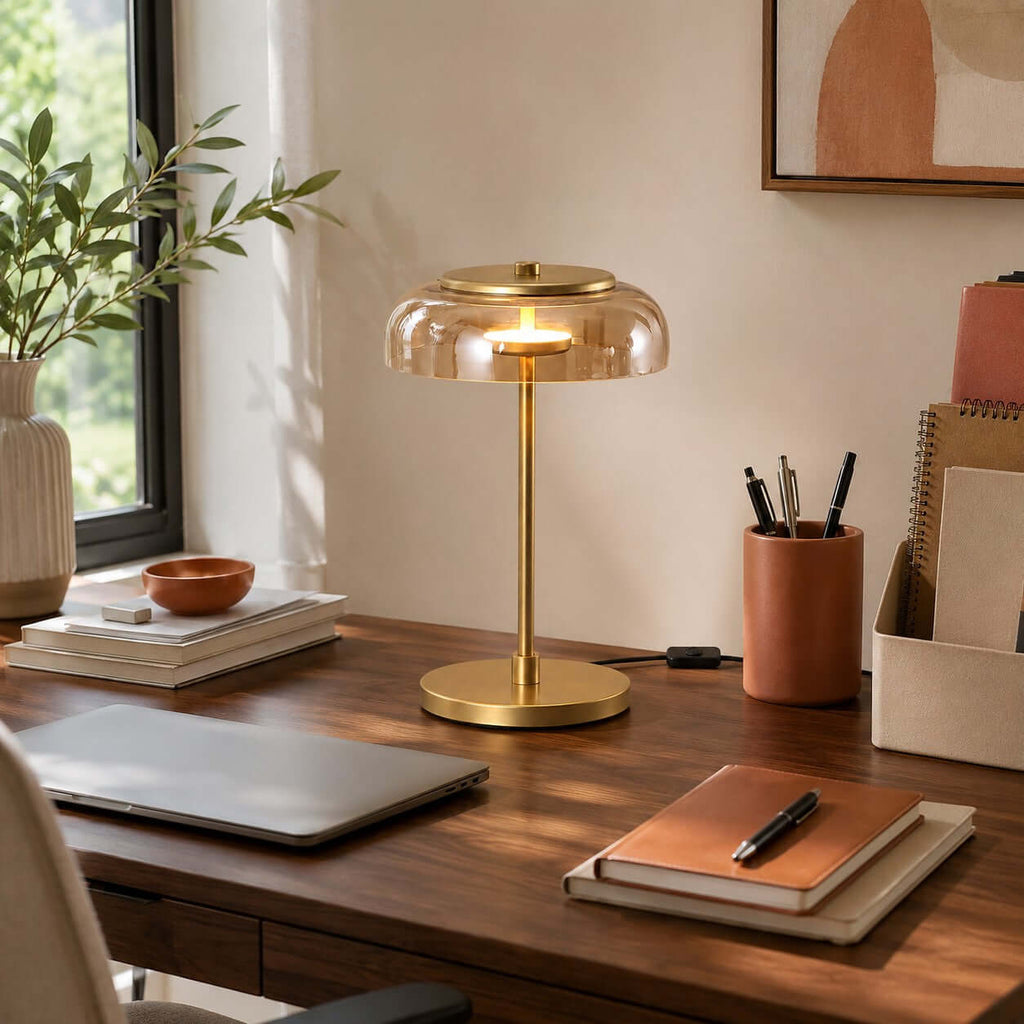 Clérachic table lamp with an amber dome lit on a walnut desk, beside a pen pot, notebooks and a closed laptop.