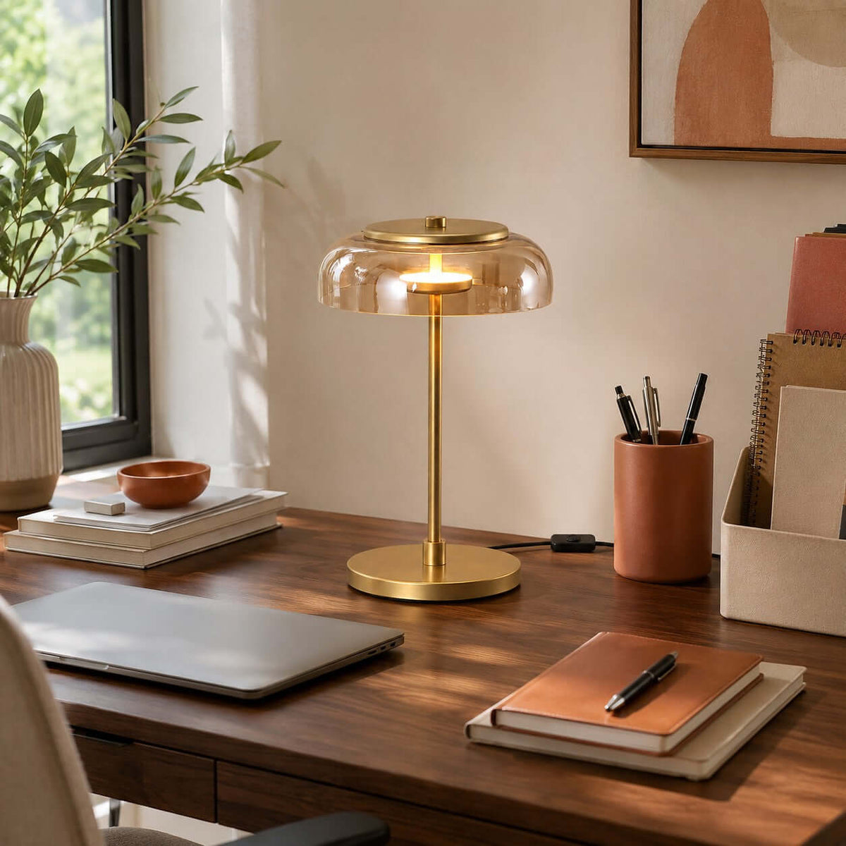 Clérachic table lamp with an amber dome lit on a walnut desk, beside a pen pot, notebooks and a closed laptop.
