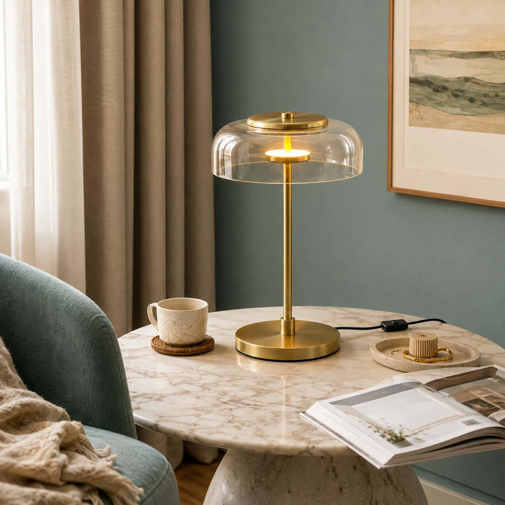 Clear-dome Clérachic table lamp on a round marble-topped table, with a coffee cup, an open magazine and a teal armchair.