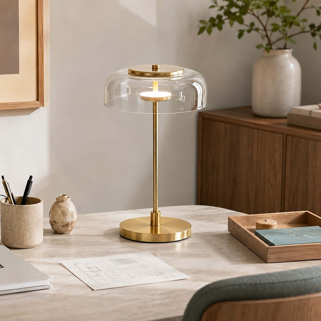 Clérachic table lamp with a clear glass dome lit on a pale work table, beside a pen pot, a wooden tray and a small vase.