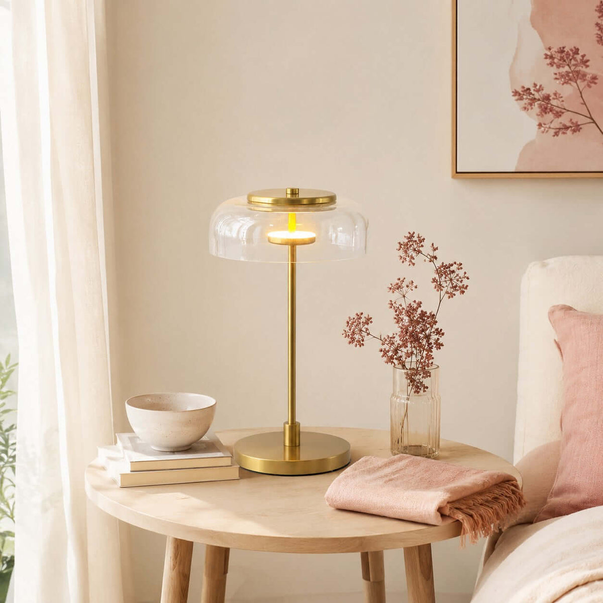 Clérachic clear-glass table lamp glowing on a small round wooden side table, with a bowl, books and a blush throw.