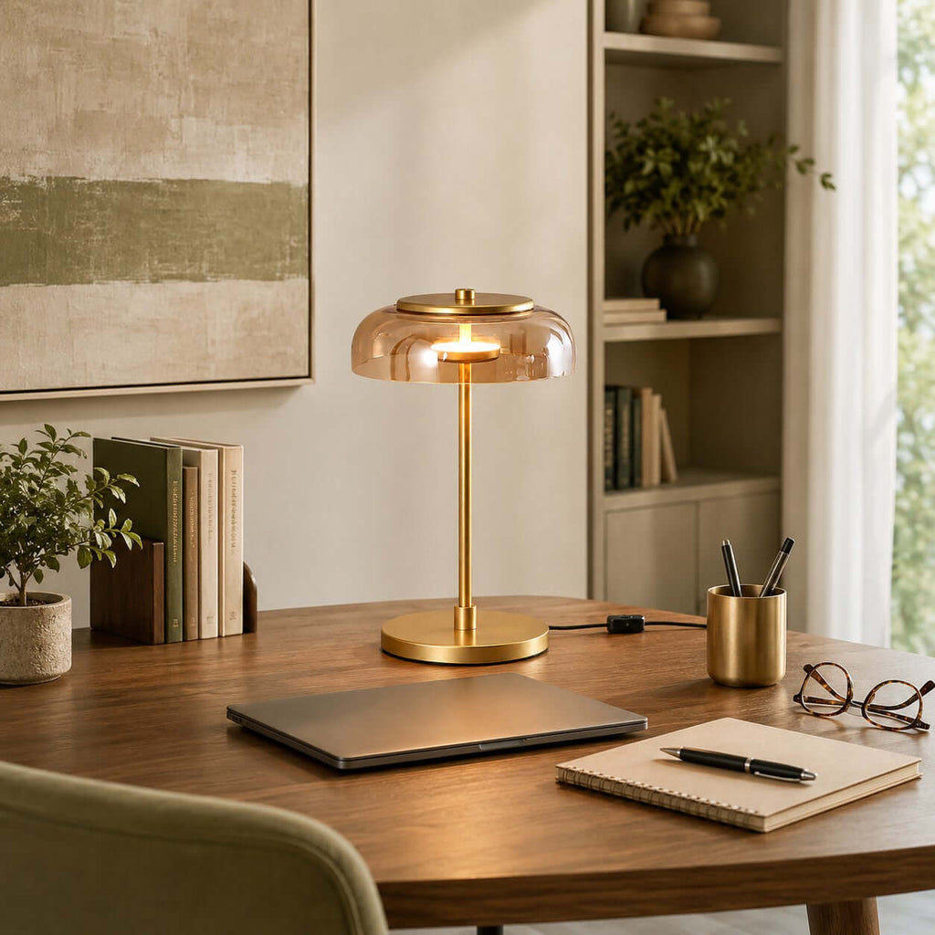 Clérachic table lamp with an amber dome on a round wooden desk, beside a laptop, a pen pot, glasses and a notebook.
