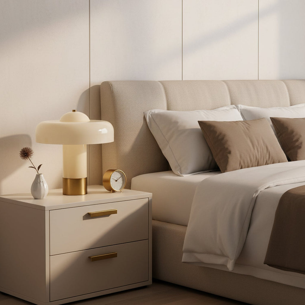 On a cream bedside chest with brass handles, this Clérachic lamp stands beside a small vase and a brass alarm clock.