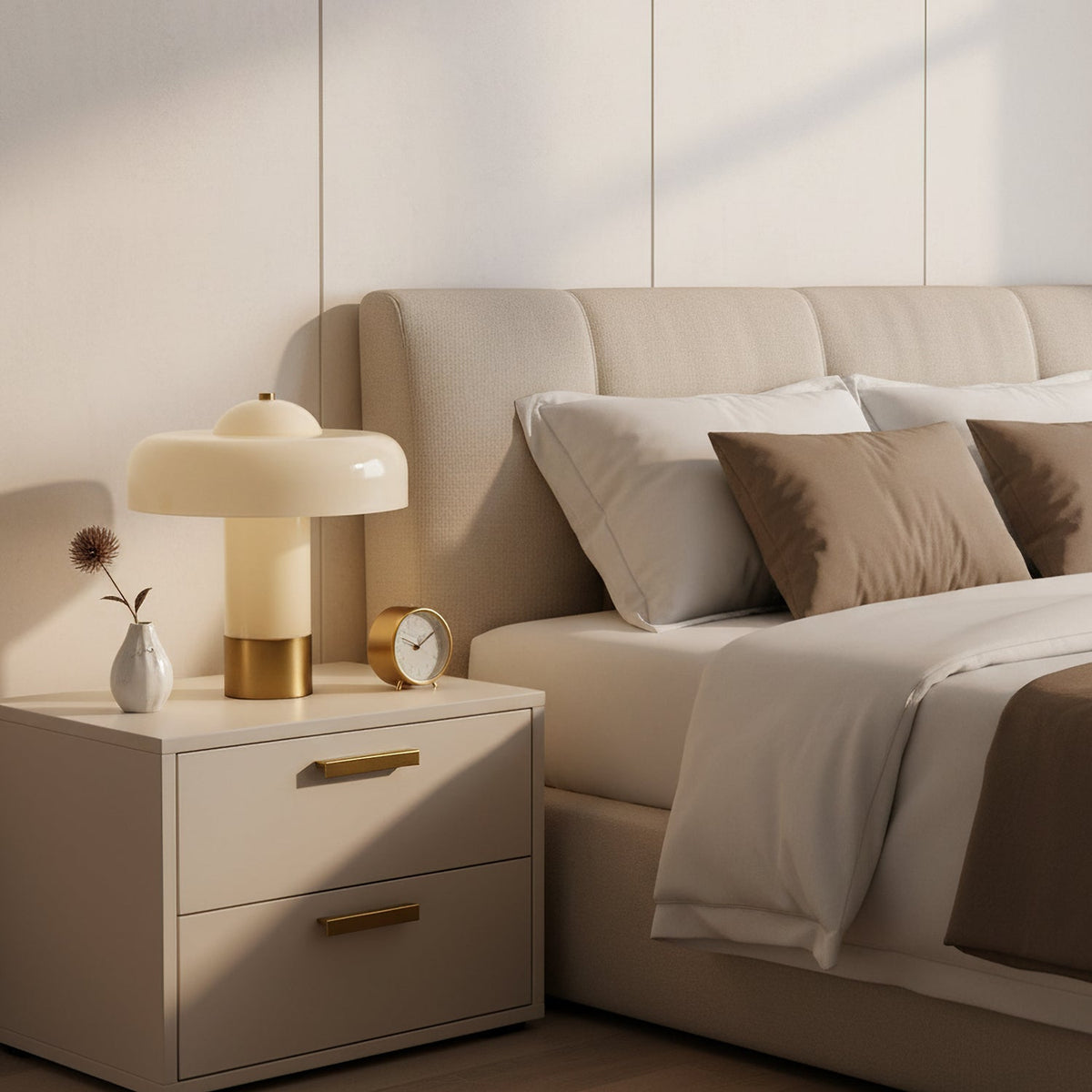 On a cream bedside chest with brass handles, this Clérachic lamp stands beside a small vase and a brass alarm clock.
