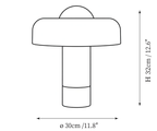 Clérachic table lamp dimension drawing, every measurement marked in centimetres and inches.