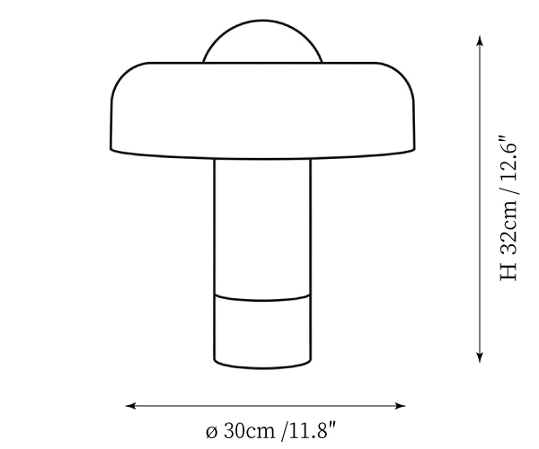 Clérachic table lamp dimension drawing, every measurement marked in centimetres and inches.