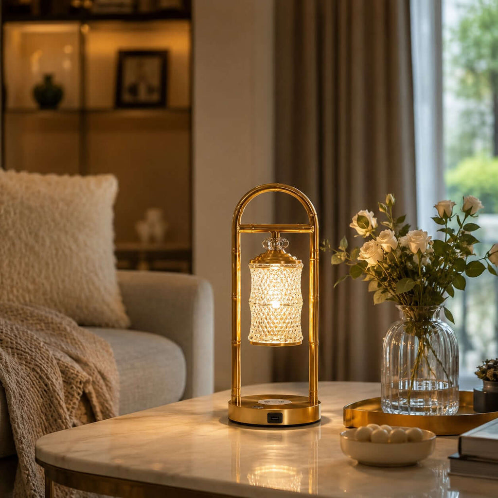 Clérachic table lamp glowing on a marble table beside a vase of cream roses, with an armchair and a knitted throw behind.