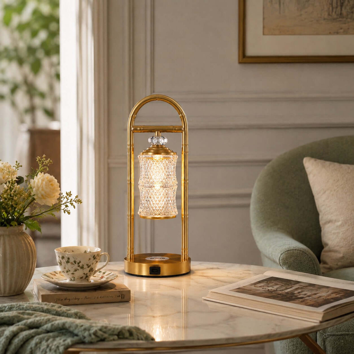 Clérachic table lamp on a marble coffee table, with a floral teacup, an open magazine and a sage-green armchair at the right.