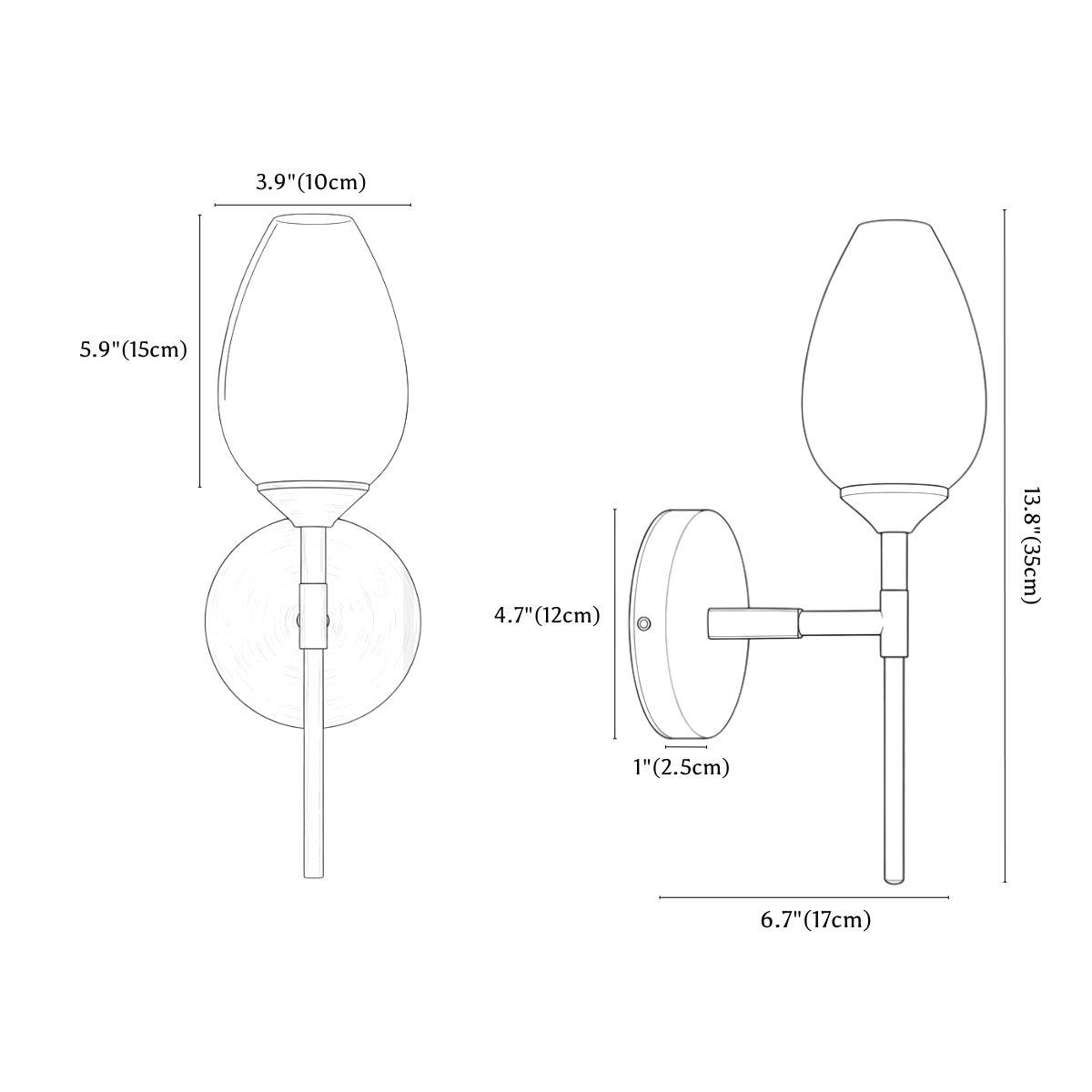 Clérachic wall light dimension drawing, every measurement marked in centimetres and inches.