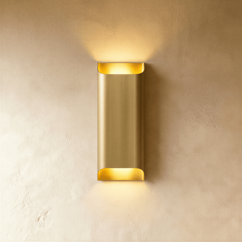 Clérachic tall rectangular brushed brass wall light, 10 × 30 cm, sending warm light up and down a plaster wall.