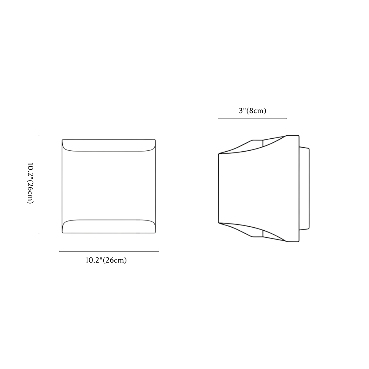 Clérachic wall light dimension drawing, style A large, 26 cm, every measurement marked in centimetres and inches.