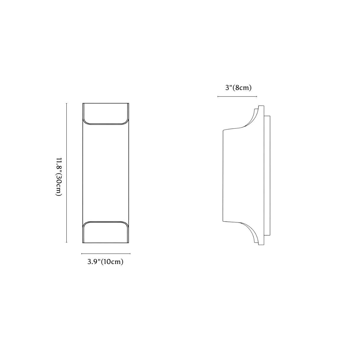 Clérachic wall light dimension drawing, style B, 10 × 30 cm, every measurement marked in centimetres and inches.