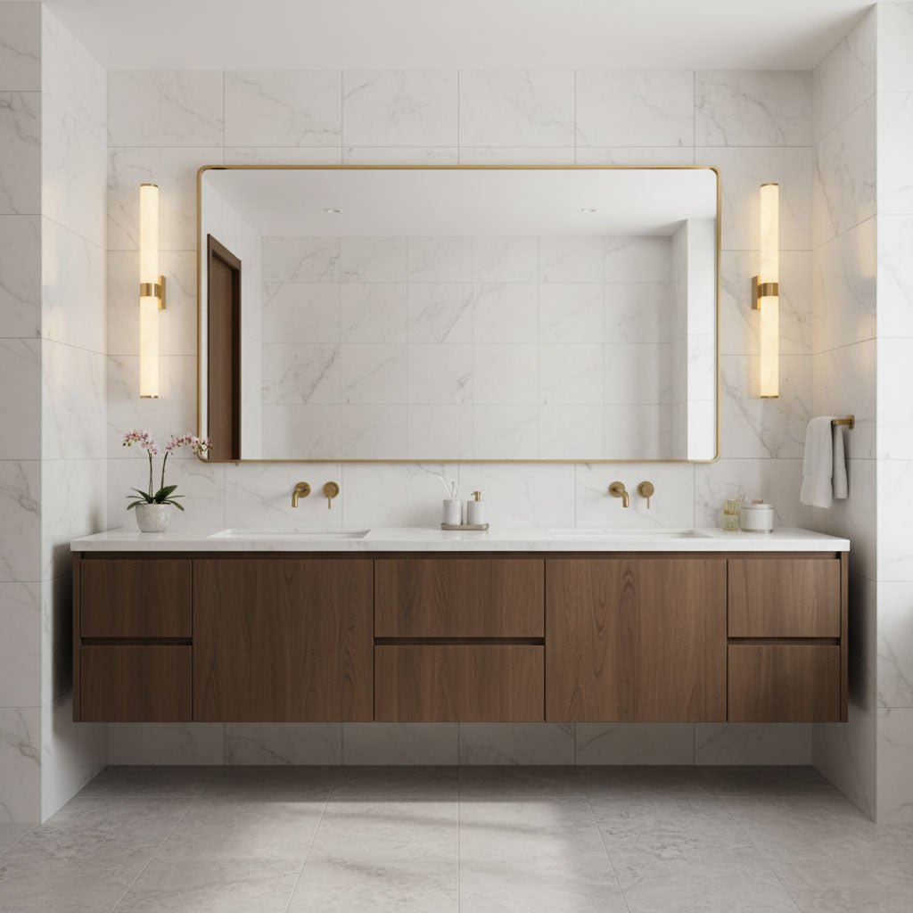 Two Clérachic alabaster wall lights flank a large gold-framed mirror above a floating walnut vanity in a marble bathroom.