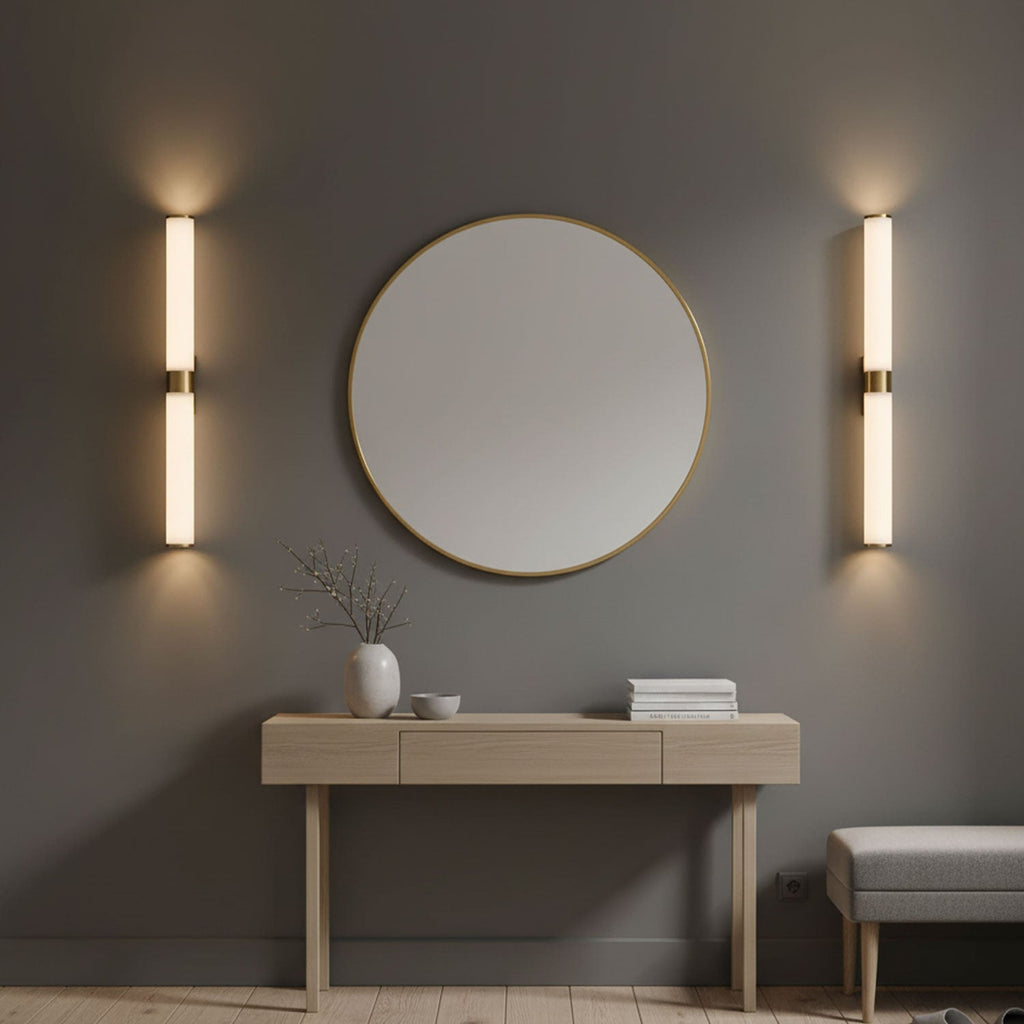 A pair of alabaster tube wall lights with brass bands, one on each side of a round mirror above a pale wood console, from Clérachic.