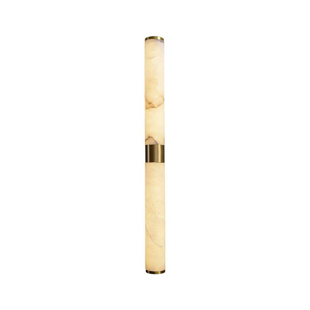 A cut-out view of this Clérachic alabaster tube wall light on white, with a brass band between two veined white-and-cream tubes.