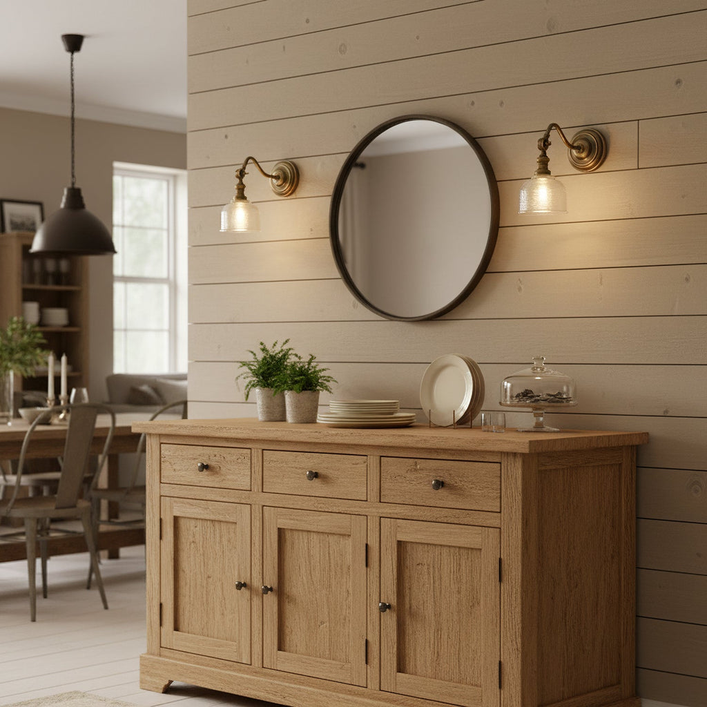 Two Clérachic brass wall lights with clear glass shades flank a round black-framed mirror above a light oak sideboard.