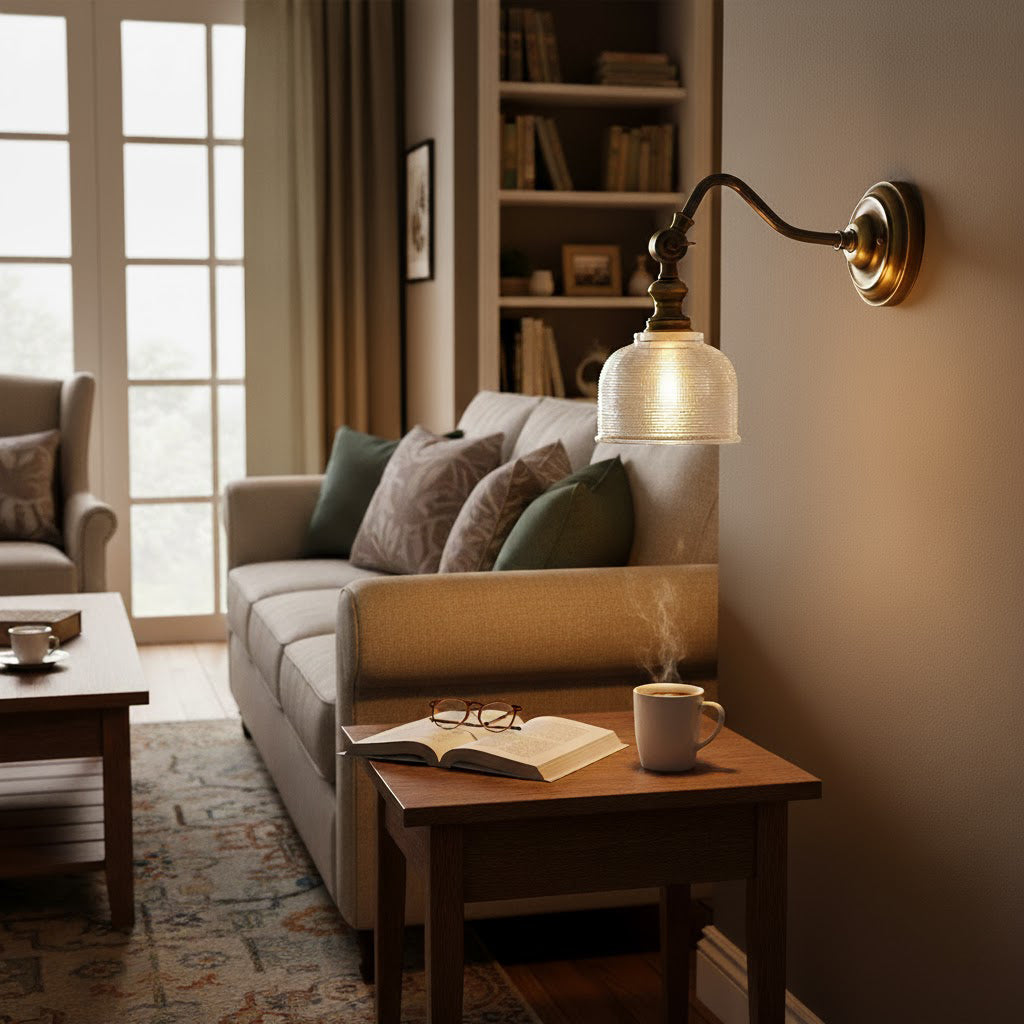 A Clérachic wall light with a curved arm and a ribbed glass shade hangs over a side table with an open book and a mug.