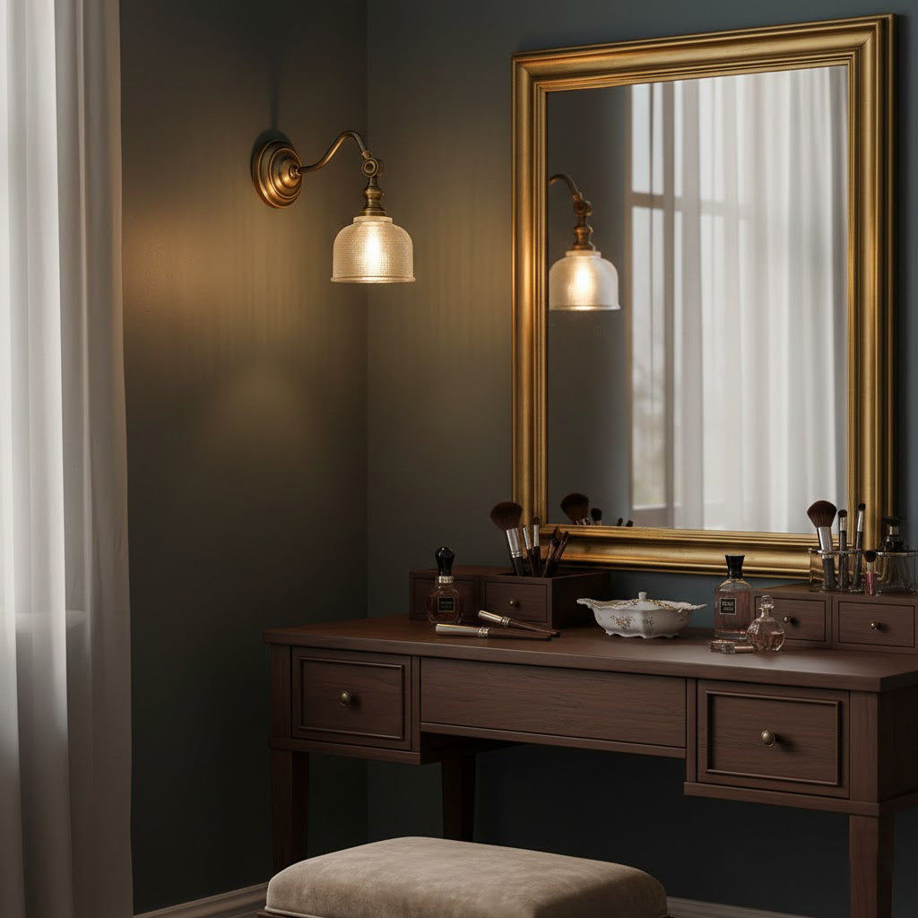 Clérachic wall light with a ribbed glass shade beside a gold-framed mirror, above a dark wood dressing table with make-up brushes.