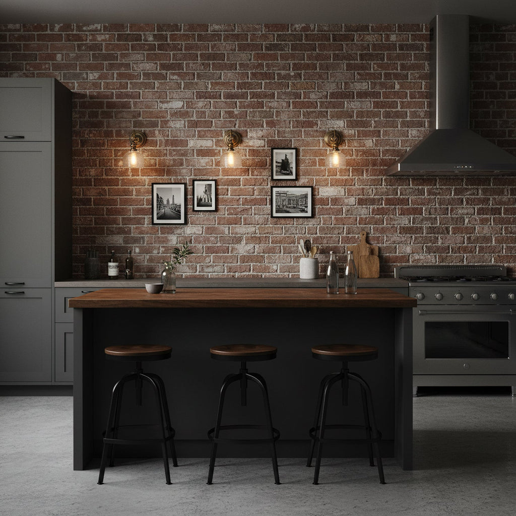 Three Clérachic wall lights glow on a red brick wall above a black kitchen island with round stools and framed prints.