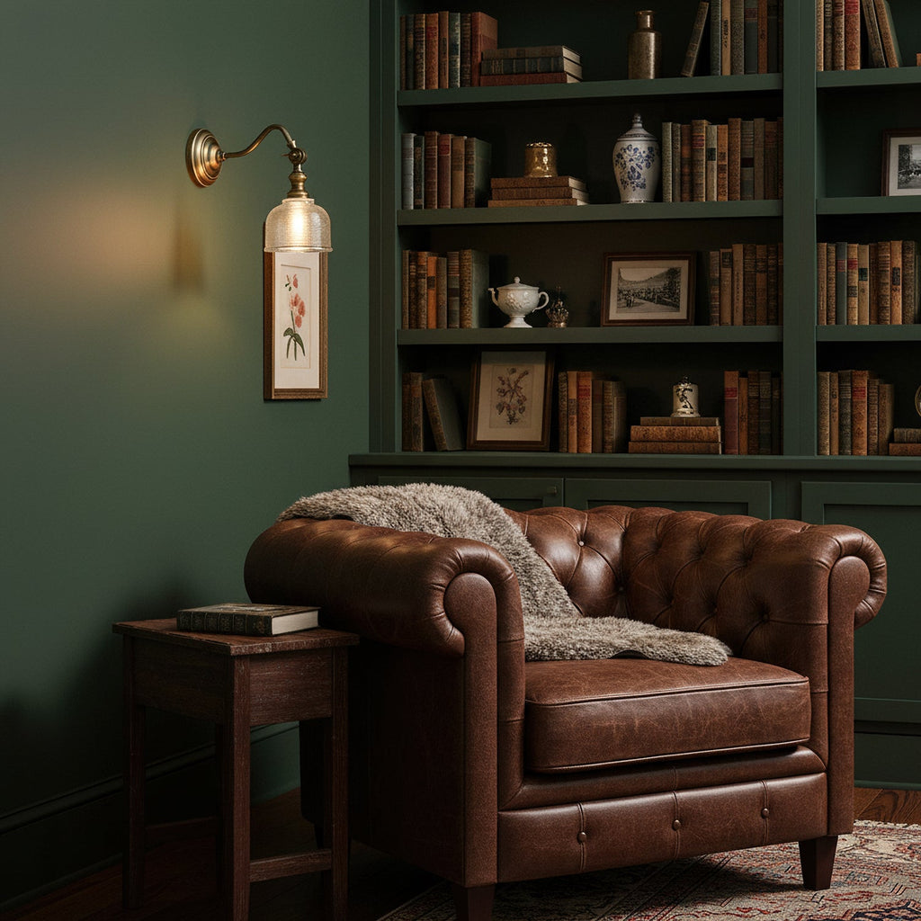 Clérachic brass wall light with a narrow glass shade beside a small botanical print, above a leather armchair and green bookshelves.