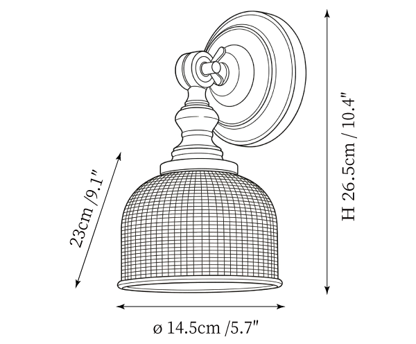 Clérachic wall light dimension drawing, 1 of 2, every measurement marked in centimetres and inches.