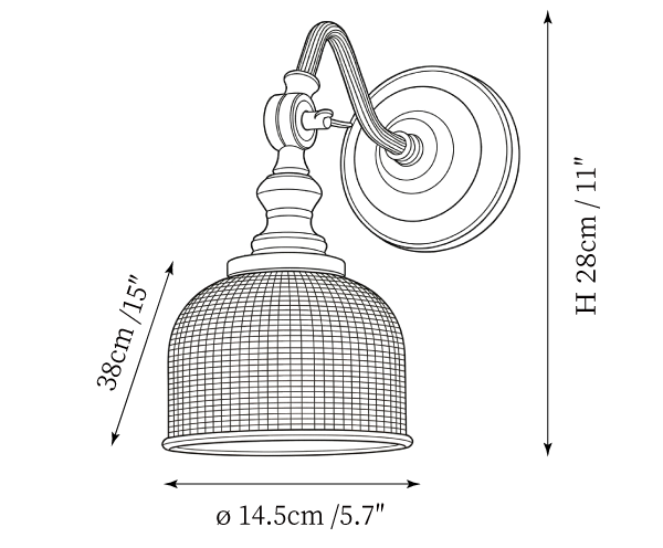 Clérachic wall light dimension drawing, 2 of 2, every measurement marked in centimetres and inches.