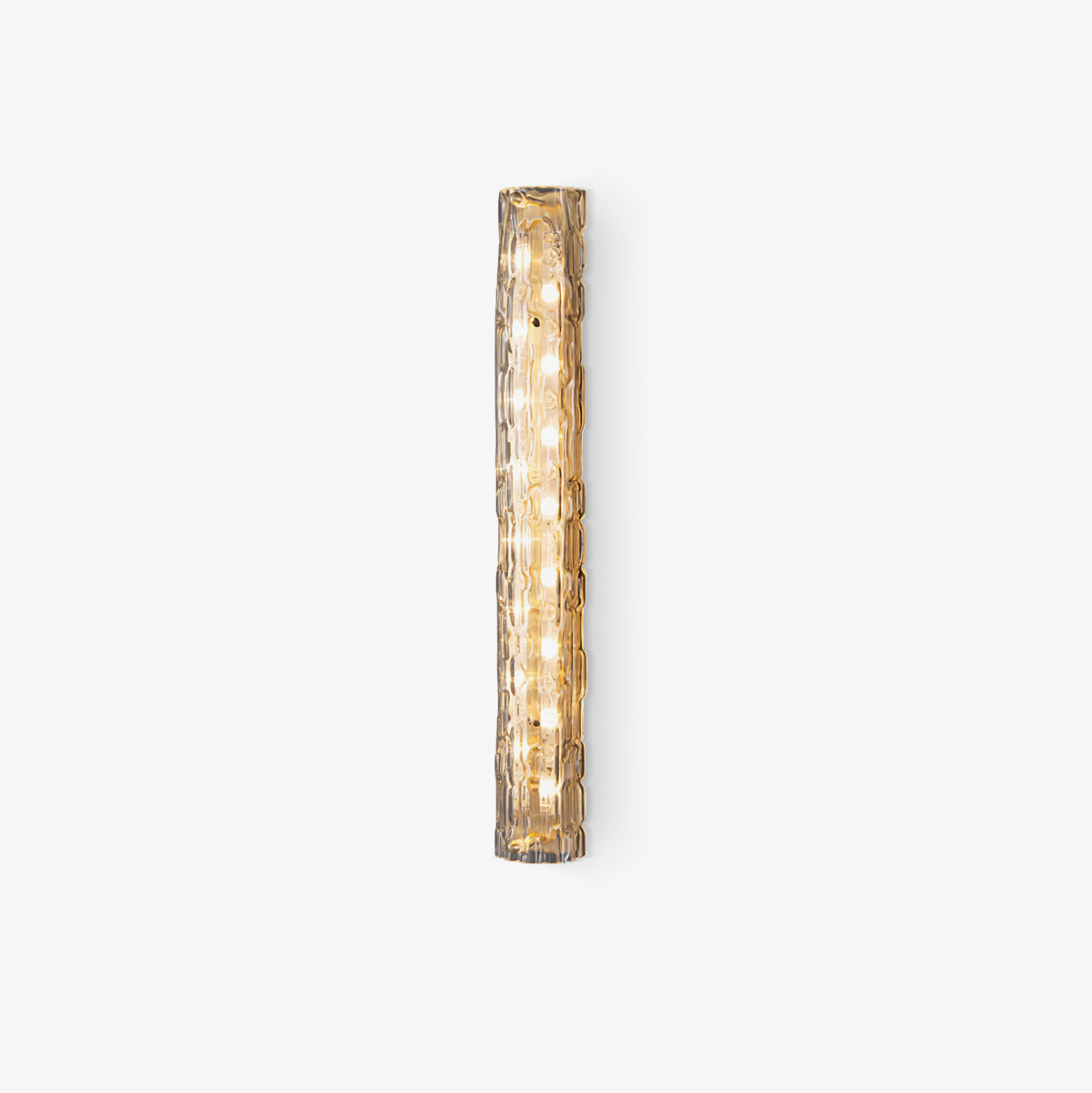 Unlit Clérachic wall light on a pale grey backdrop, with its rippled glass and gold backplate visible.