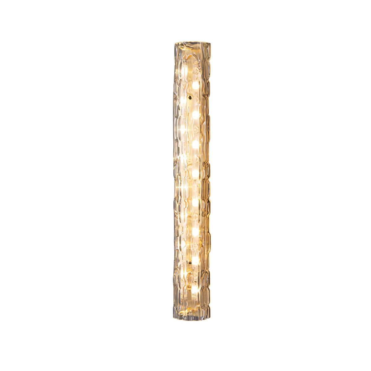 Lit Clérachic wall light on white, with a column of warm LEDs behind the rippled clear glass.