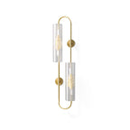 Cut-out view of this Clérachic brass wall light on white, its two clear ribbed glass tubes set on a looped frame with round plates.