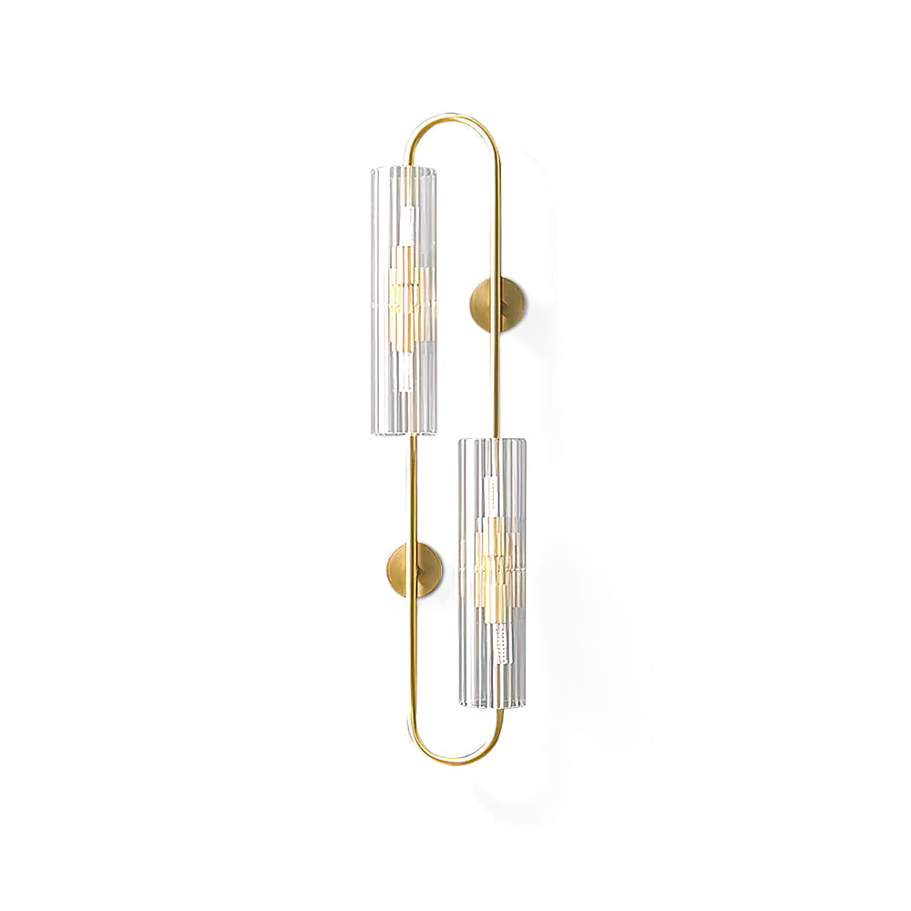Cut-out view of this Clérachic brass wall light on white, its two clear ribbed glass tubes set on a looped frame with round plates.